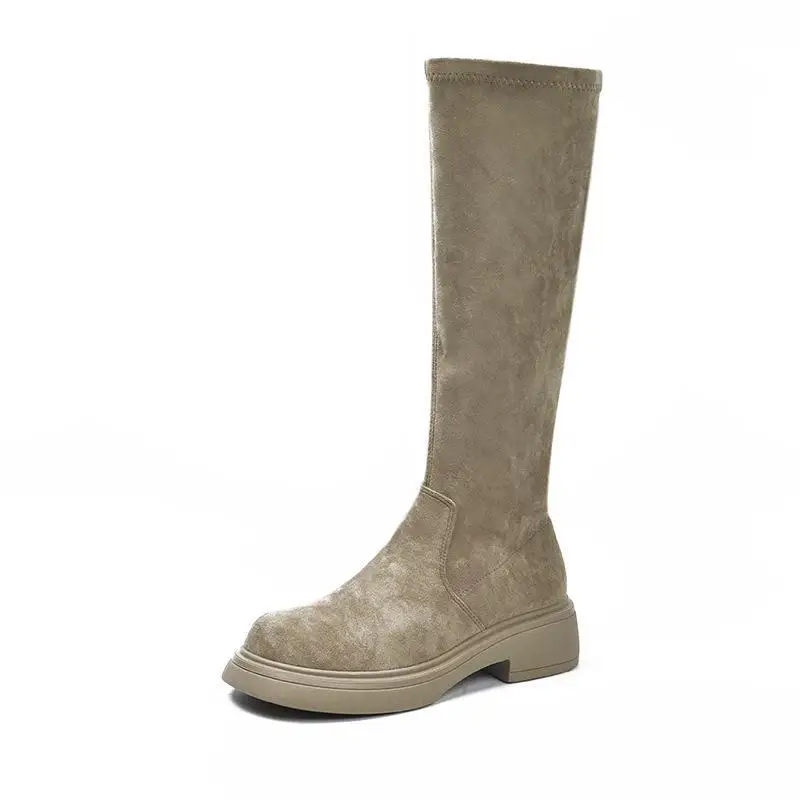 Taglia 32-40 stivali alti al ginocchio neri donna inverno nuovi stivali lunghi con tacco 4cm caldi calzini a gamba sottile a testa tonda scarpe da