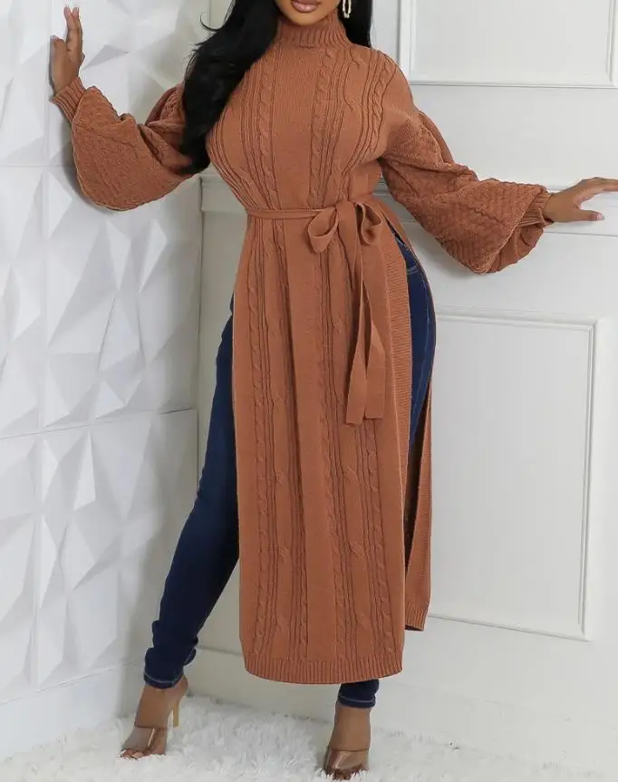 

Женский свитер 2022, осенний новый тросовый текстурированный свитер с высоким воротником и рукавами-фонариками, галстуком-бабочкой на талии, повседневный вязаный длинный топ с высоким разрезом