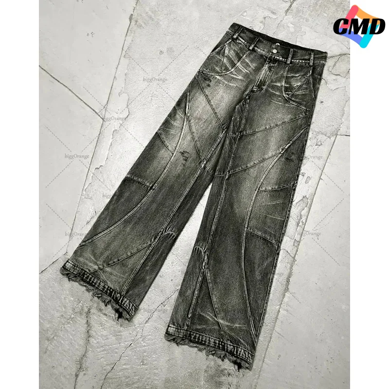 Cos Y2K Destroyed Stitching Men's Black Washed Jeans Gothic Style Street Trend Clothing Retro Loose Wide Leg Pants Fall Gu