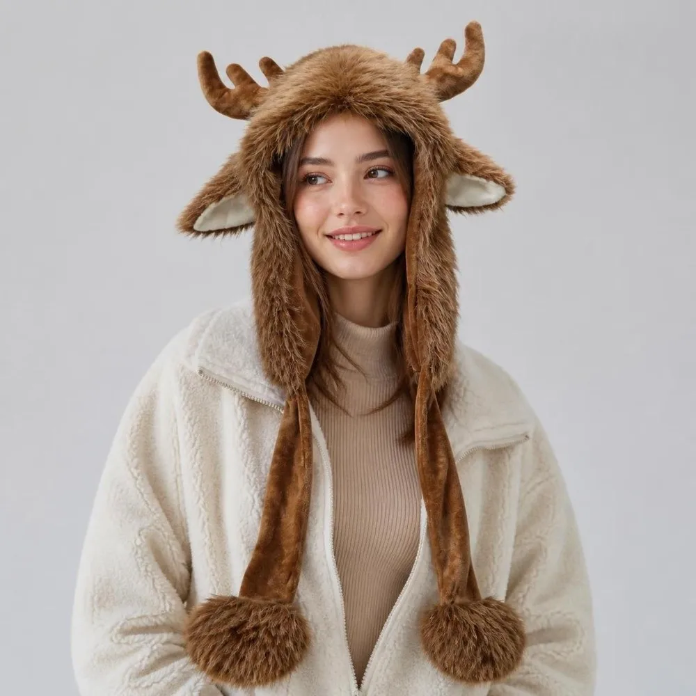 Warm Reindeer Antler Hat Fluffy Texture Adjustable Straps Christmas Elk Hat Lightweight Thermal Windproof Ear Protection Cap