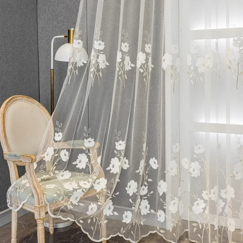 

Transparent Embroidered Curtains White American Countryside Flowers Semi Shading Tulle Curtains for Living Dining Room Bedroom