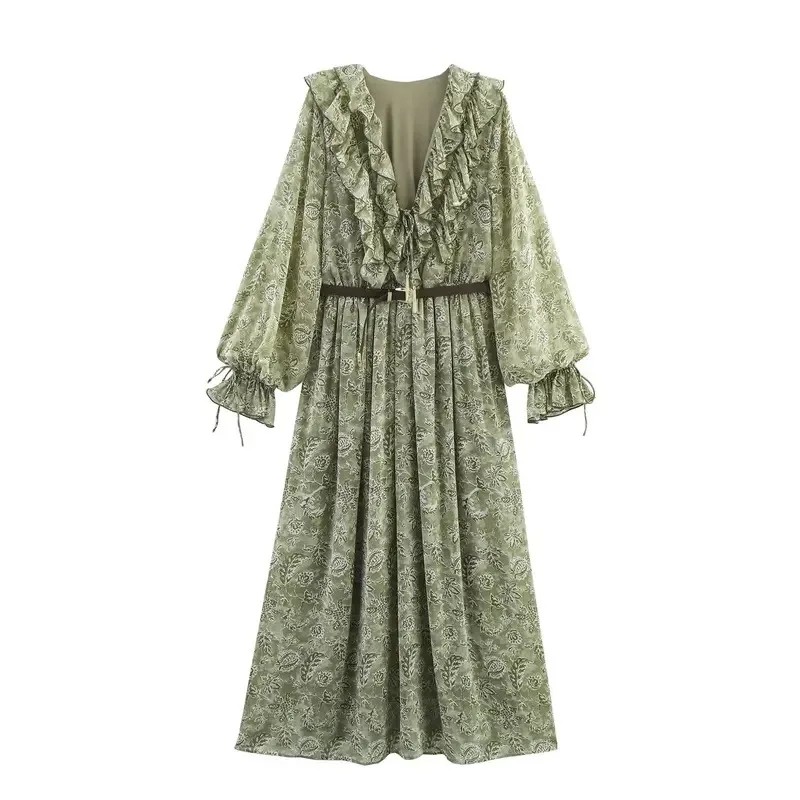 

Retro Chic Bohemian Long Sleeve V-Neck Dress for Women Printed Ruffle Shift with Belt Summer 2025 Fashion Resort Wear