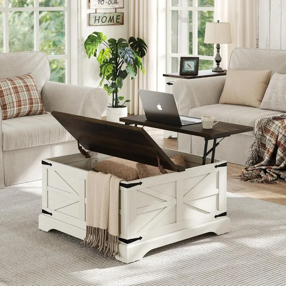 Square Wood Center Table with Large Hidden Storage Compartment , Rustic Cocktail White Modern Table with Hinged Lift Top