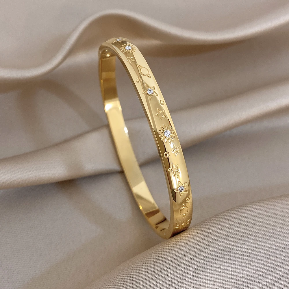 1 Stück AENSOA Neuer Edelstahl-Armreif mit Stern-Textur und Gravur für Damen, Zarte Zirkon-Armbänder in Gold- und Silberfarbe, Schmuckgeschenk – Detail 5