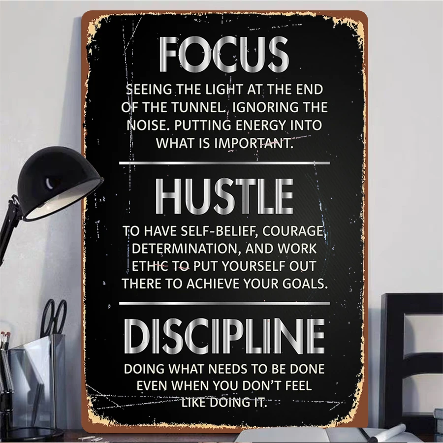 Inspirational Metal Wall Art Focus Hustle Discipline Quote Decor for Office Study Room Motivational Iron Painting