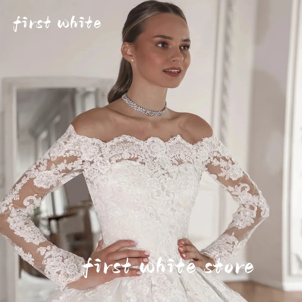 First White Customized Ball Gown Boat Neck Lace Appliques Wedding Dresses Full Sleeves Bridal Gowns with Cathedral Train