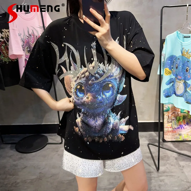 

Cartoon Dragon Diamond Drills Tees Oversize Splash-Ink Short Sleeves Design Men's And Women's High-Quality Street Style T-shirts