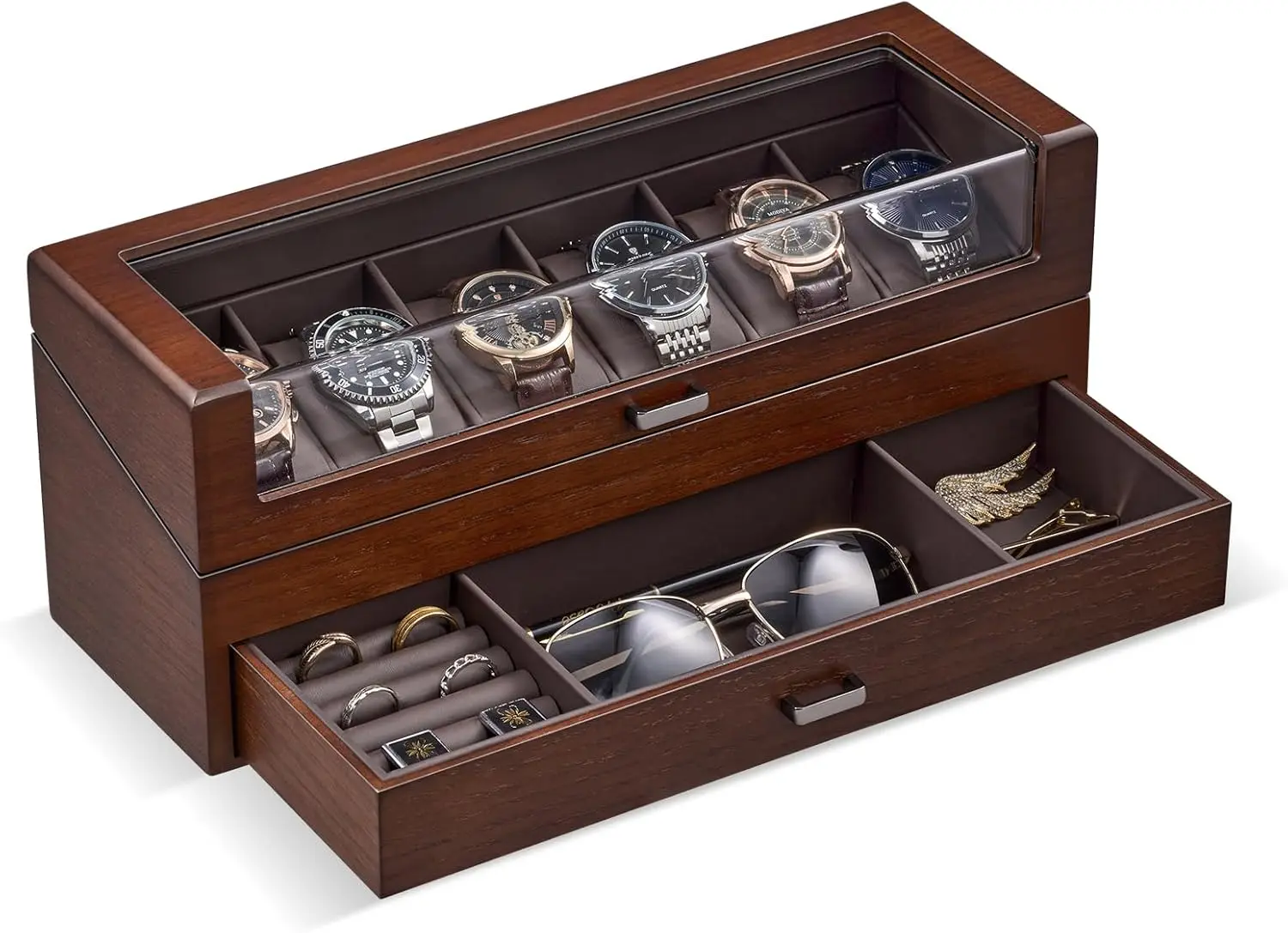 

Wooden Watch Display Case with Drawer, 6-Slot Jewelry Organizer for Men, Walnut Finish