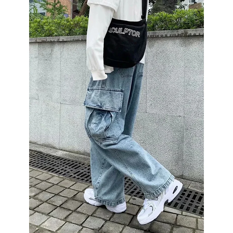だぶだぶのジーンズメンズオーバーサイズストリートファッションワイドレッグカーゴパンツヒップホップ原宿マルチポケットデニムパンツブラックブルー