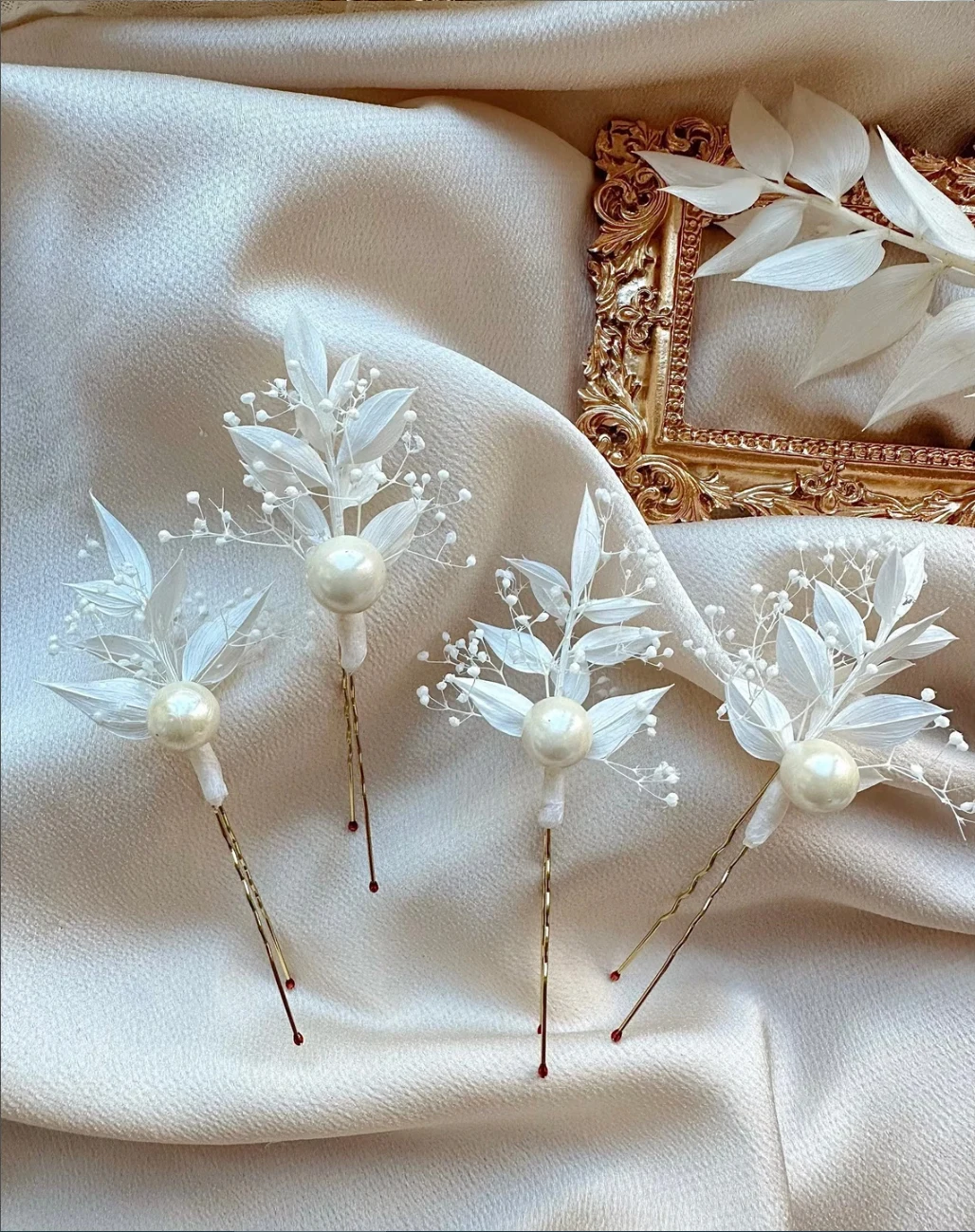 Horquillas elegantes de flores secas con perlas, accesorios para el cabello de novia, alfileres de aliento para bebés de boda bohemio, alfileres de flores secas blancas