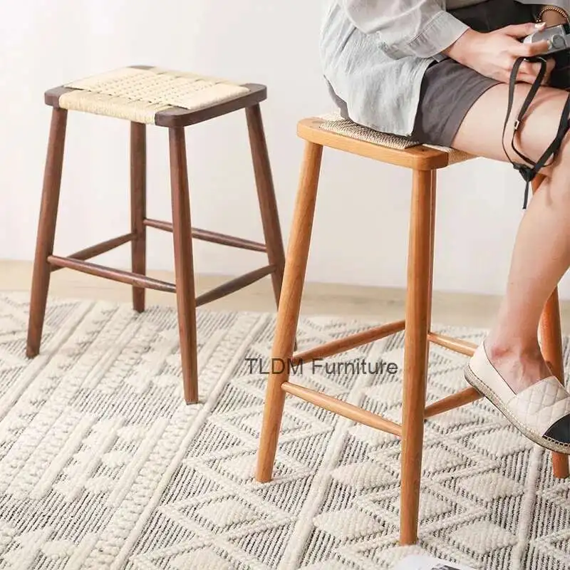 

Nordic Solid Wood Bar Chair Japanese Simple Rattan Dining Stools Suitable for Home Coffee Shop Hotel Furniture Bar Stools