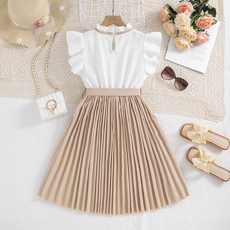 Sweet and elegant dress with lace collar and flying sleeves for girls aged 4-13, pleated skirt with belt included, for summer