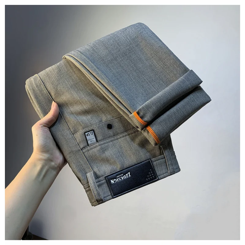 

Осенние мужские повседневные брюки, новинка 2025 года, эластичные облегающие брюки в полоску с принтом в стиле ретро, маленькие прямые брюки для поездок на работу, деловые брюки