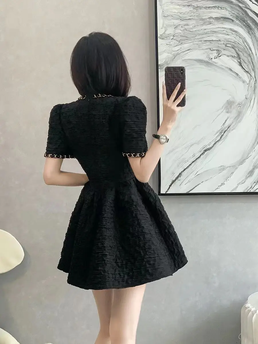 Women\'s French Hepburn Style Fluffy Black  Short Sleeve Blazer Dress Office Lady Mini Vestidos