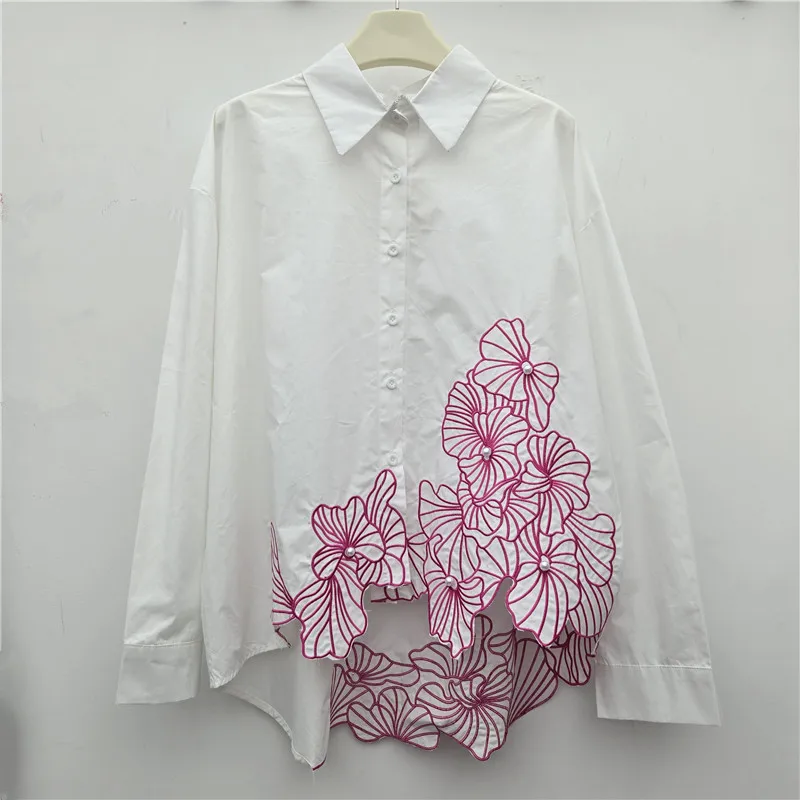 

Women Long Sleeve Shirt Minimalist Versatile Irregular Hem Embroidery Design Casual Fashion Ladies Blouse Tops