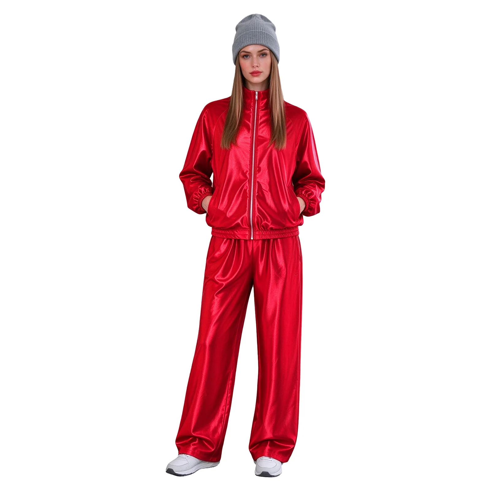 Women Pants Sets Hip Hop Clothes Fashion Street Dance Outfits Streetwear Satin Stand Collar Sweatshirt Jacket Wide Leg Trousers