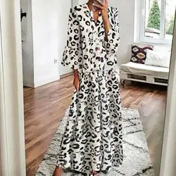 Fashion Printed Maxi Dress Women's Leopard Sundress 2022 Spring Puff Sleeve Long Vestidos Female V Neck Robe Oversize