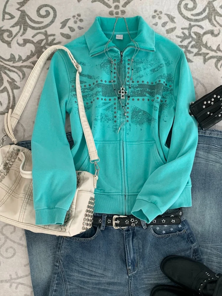 American Vintage Y2K Rivet Studded Graphic Print Full Zip Up Cropped Sweatshirt Jacket Petite Women Slim Fit Casual Streetwear