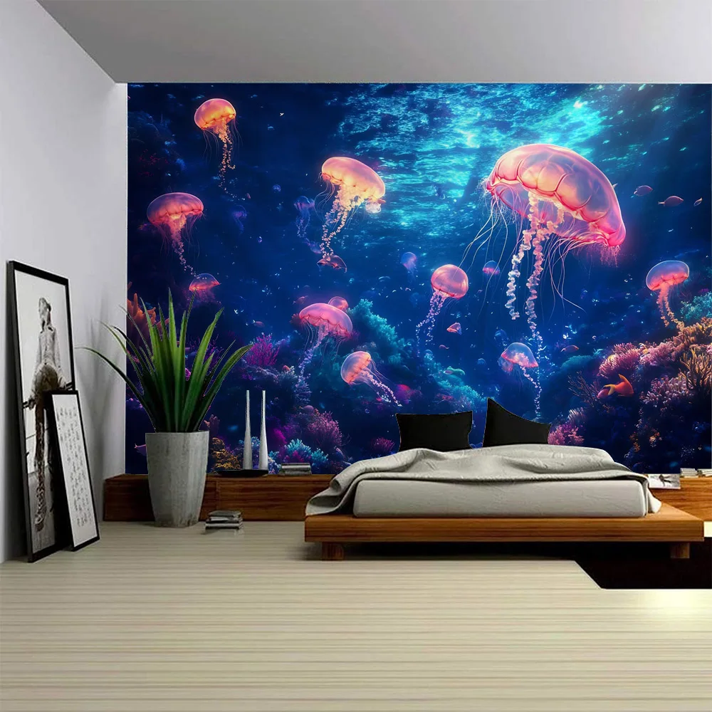Cartoon jellyfish art tapestry, dreamy landscape background poster, home decoration, fabric murals, beach sheets, picnic mats