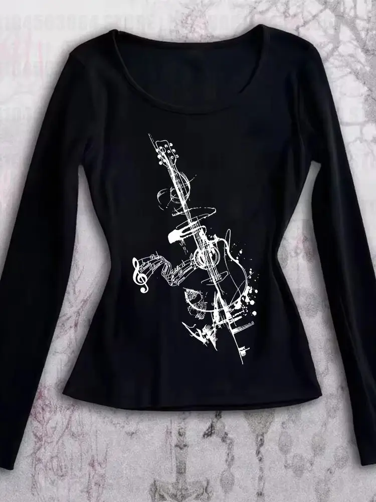 เสื้อยืดสีขาวทรงเข้ารูปสำหรับผู้หญิง ฤดูใบไม้ร่วงและฤดูหนาวใหม่ พิมพ์ลายเรขาคณิต คอกลม