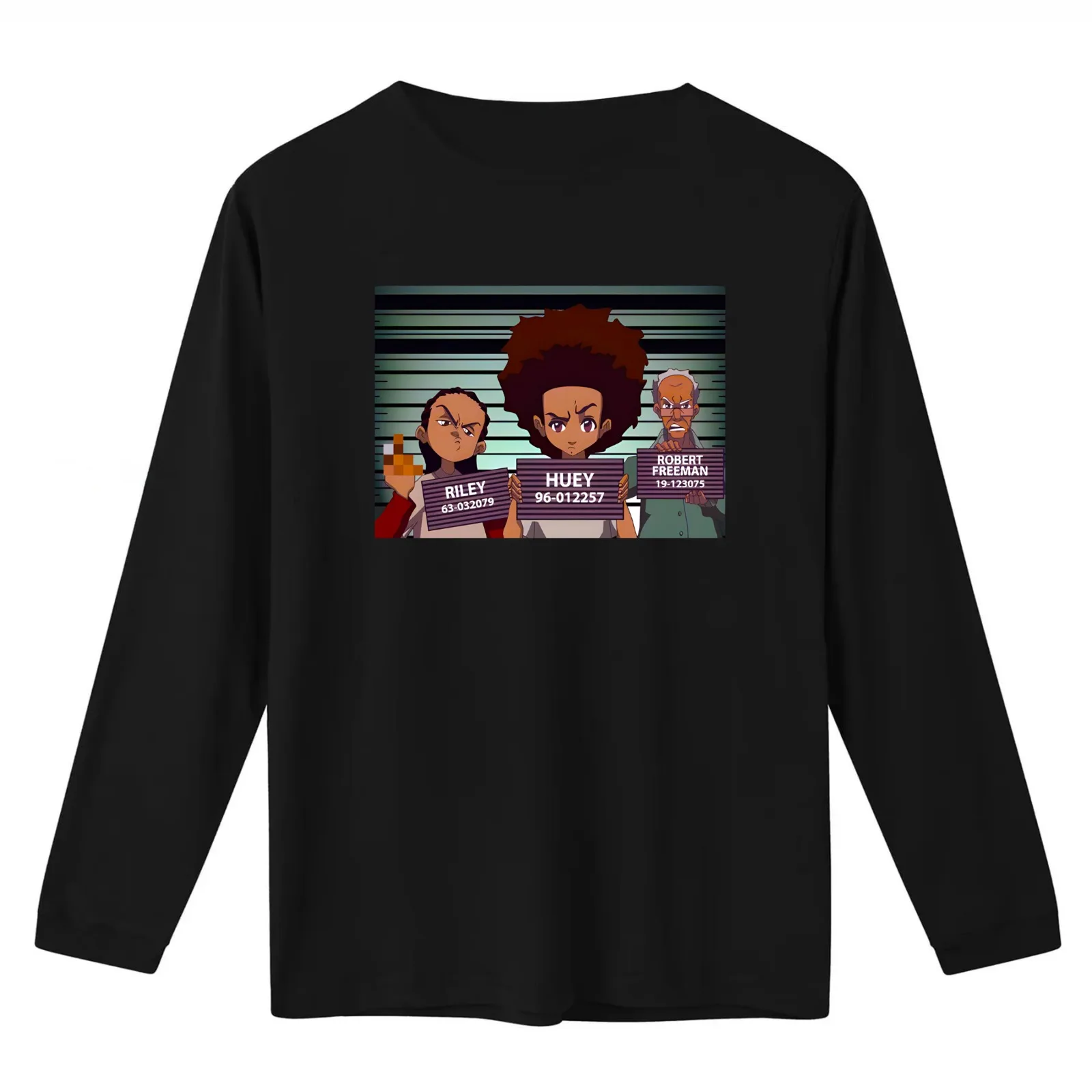 The Boondocks Mugshot African-American Riley-Huey-Robert T-Shirt Summer Casual Cotton Tee Oversized Streetwear Tops