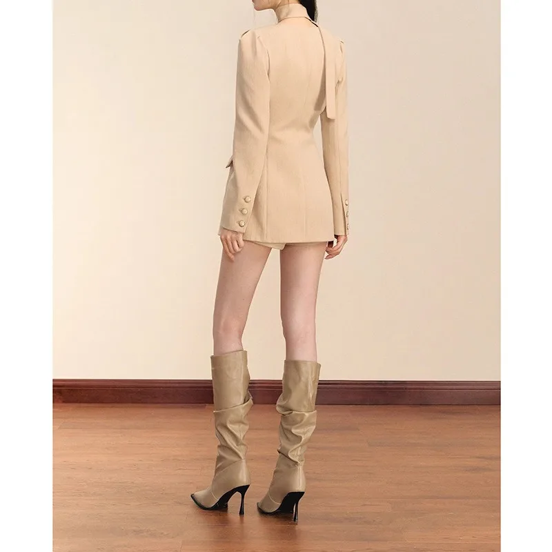 Elegant Beige Mini Suit Dress Women Puff Sleeve Square Neck Decorative Ribbon Choker Slim Single Breasted Party Outfit