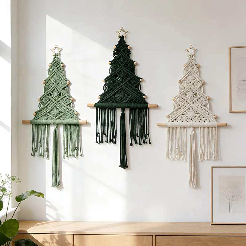 Macaron Hand Woven Christmas Tree Macrame Wall Hanging, Cotton Rope Wooden Stick Boho Tapestry, Xmas Wall Decor for Living Room