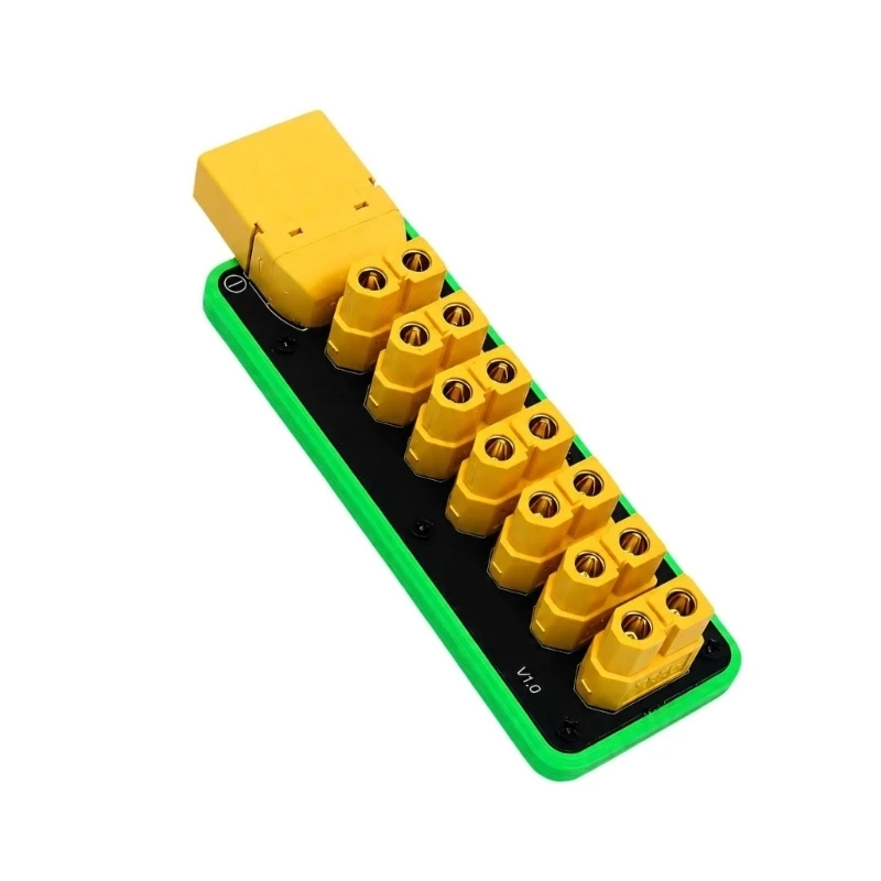 HX5E Power Distribution Board with XT90 Input, Seven Output Layout and Polarity Symbols for Model Wiring Project Use