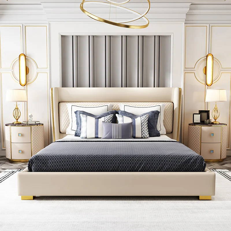 

Легкая роскошная новая двуспальная кровать из цельного дерева, простая роскошная главная спальня, кожаная кровать 1,8 м, мягкая пневматическая кровать для интернет-знаменитостей