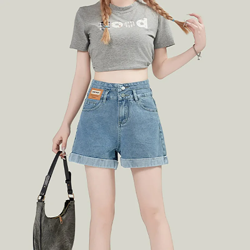 

Джинсовые шорты в корейском стиле с двойными пуговицами, женские новые свободные прямые шорты трапециевидной формы с высокой талией, широкие джинсы