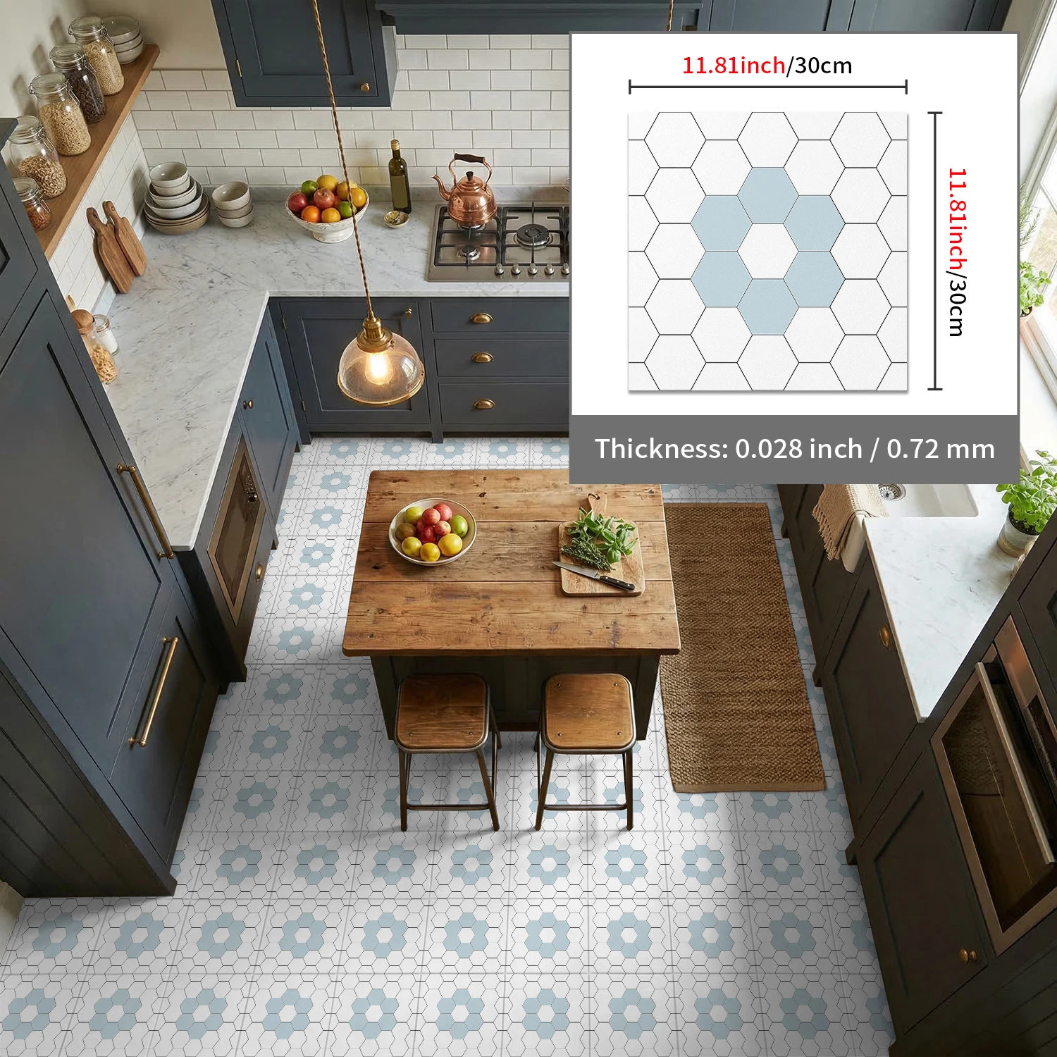 

Matte Hexagon Floor Stickers, 0.72mm Thick Anti-Scratch Peel & Stick Tile Decals for Home Kitchen Bathroom Decor
