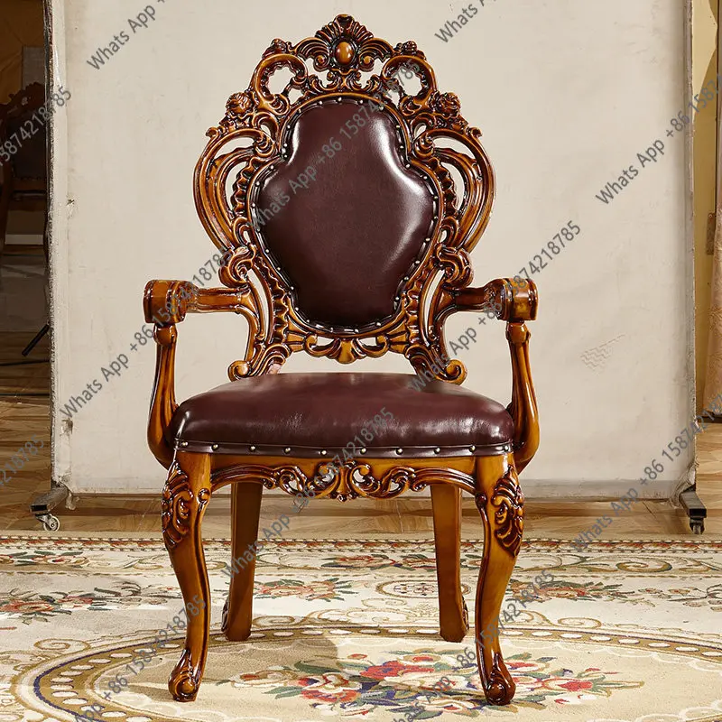 

European style all solid wood first layer leather cowhide dining table round restaurant hotel clubhouse dining table and chairs