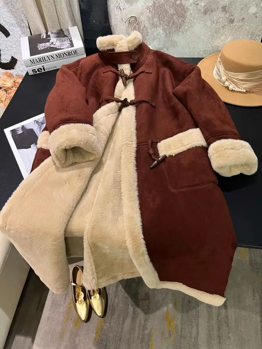 Red Fur Integrated Lamb Fur Coat For Women In Winter 2025, New Style With Added Velvet Insulation Suede Coat