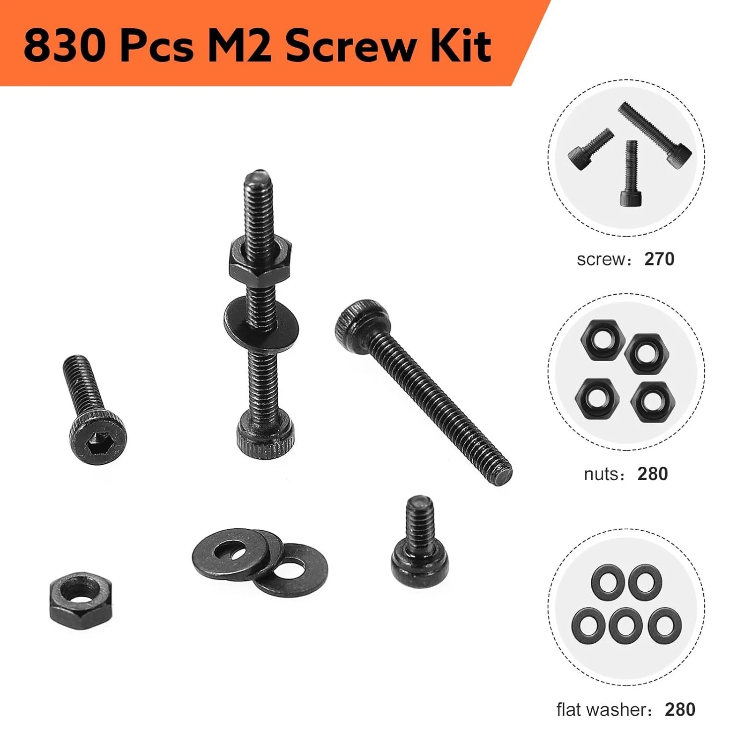 830Pcs M2 Cross Border 2.9 Alloy Steel Black Zinc Plated Hex Socket Head Screw Nut Bolt and Washer Set
