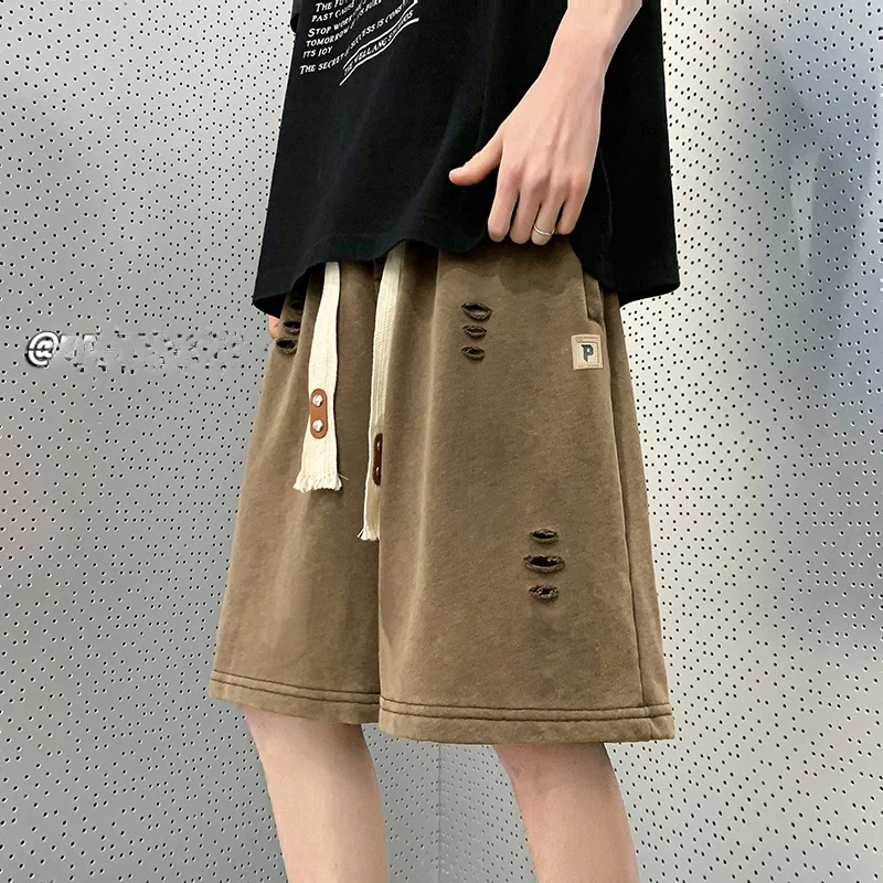 

Cé Brown Men's Summer Thin Loose Five-Point Casual Pants Vintage American Hole-Punching Loose Fit Breathable Comfortable