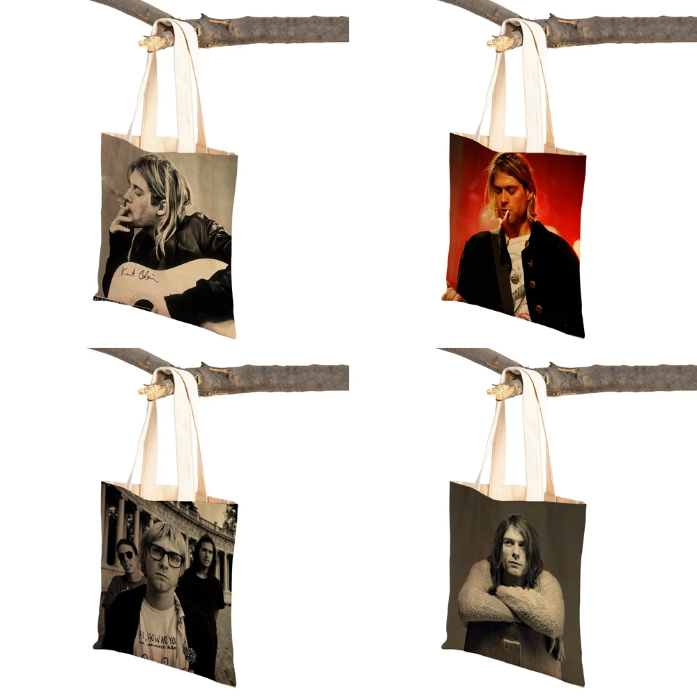 Kurt Cobain Shopping Bags Rock Roll Music Shopper Supermarket Bag Design Women Handbag Eco Portable Convenient Storage Tote