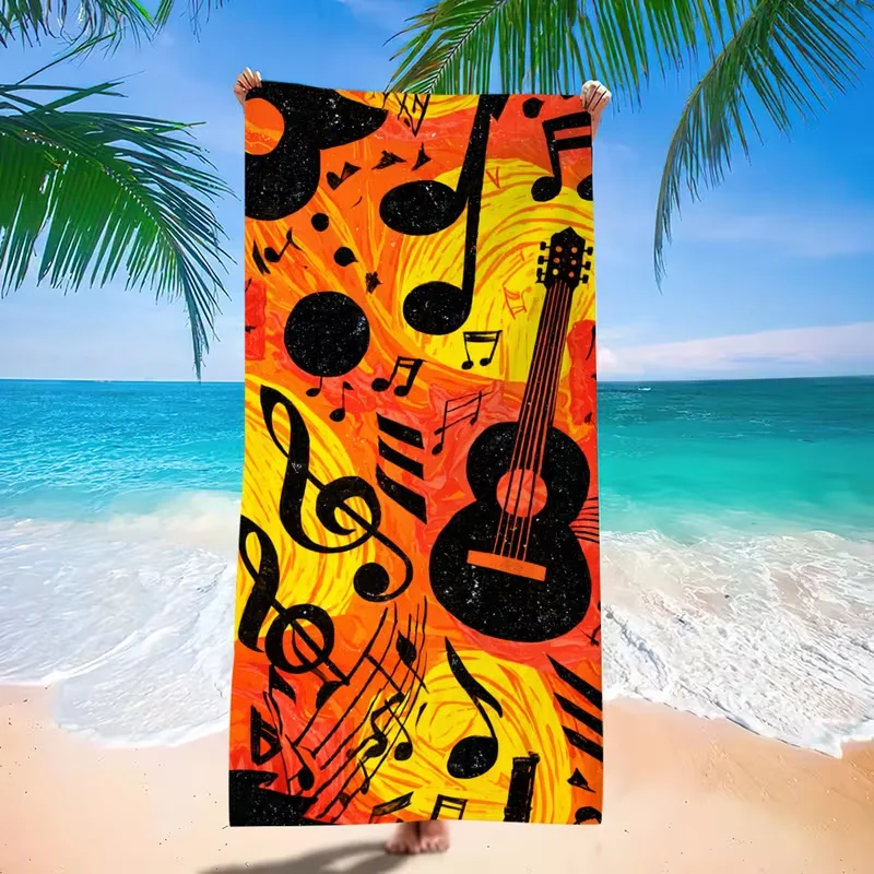 Vintage Orange Yellow Guitar Music Note Graffiti Print Beach Towel Sandproof Quick Dry Towel for Summer Beach Pool Party