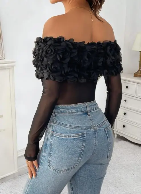 2025 جديد طويل الأكمام حفلة فتاة حار مثير منظور شبكة قبالة الكتف ثلاثية الأبعاد زهرة بلون ضيق بذلة