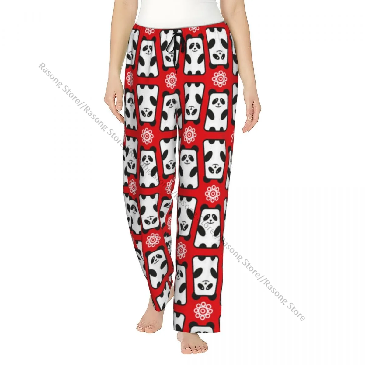 Women Long Sleep Pants Elastic Drawstring Waist Loungewear Bottoms Panda And Flowers Home Trousers for Ladies Nightwear