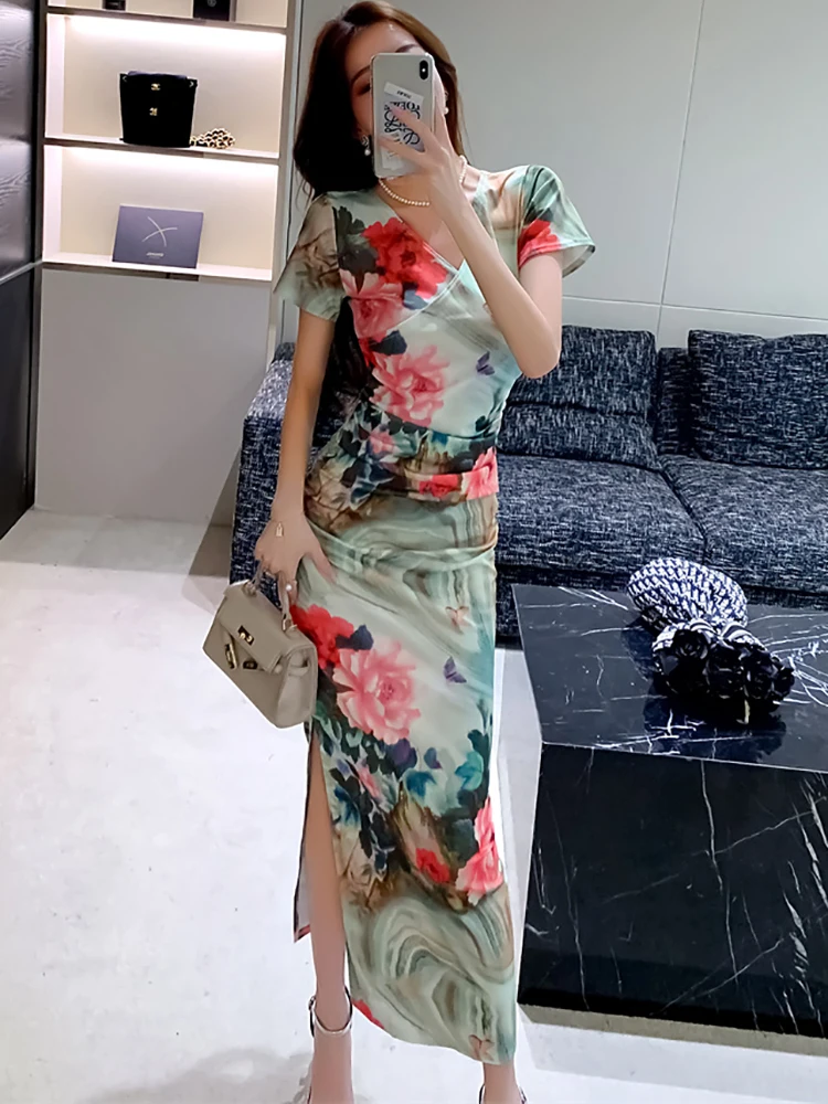 Summer Boho Floral Short Sleeve V-Neck Casual Dress Women Elegant Holiday Prom Dress 2024 Korean Fashion Bodcyon Evening Dresses