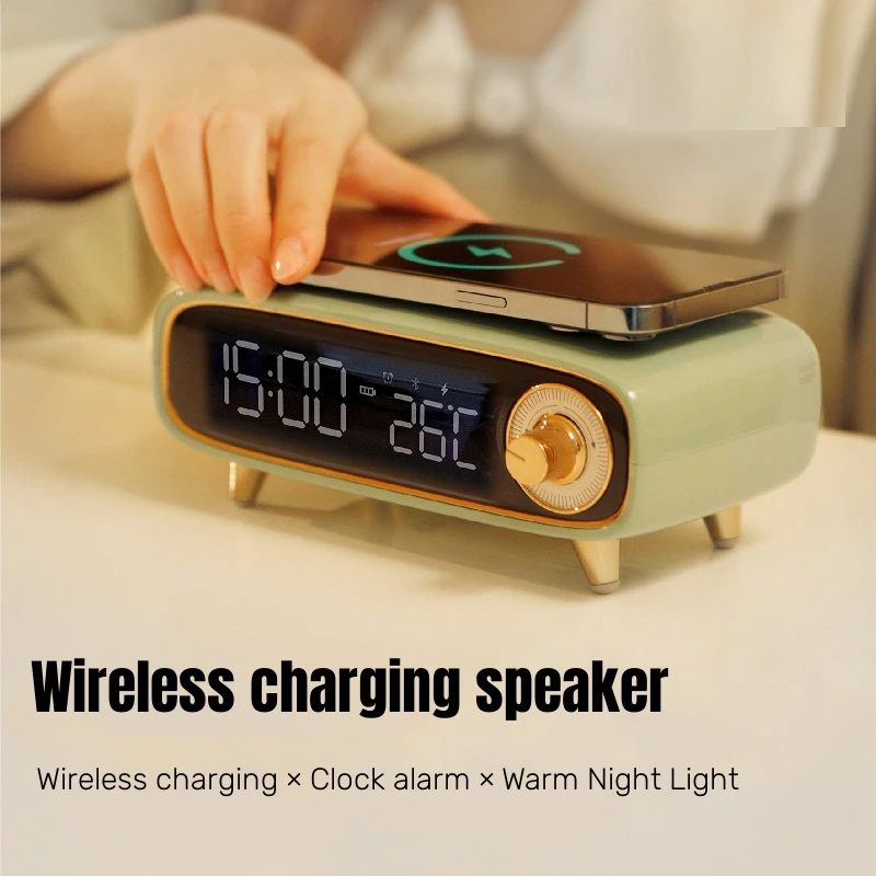 Retro Multi-function Bluetooth Speakers Support 15W Wireless Phone Charger Bedroom Night Light LED Alarm Clock Display Home Gift