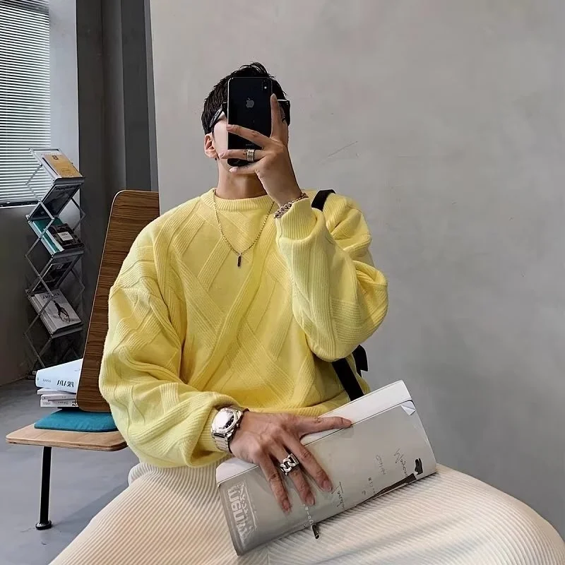 Suéter Tricotado de Gola Redonda Estilo Casual Masculino, Moda Outono Inverno, Cor Sólida, Estilo Americano