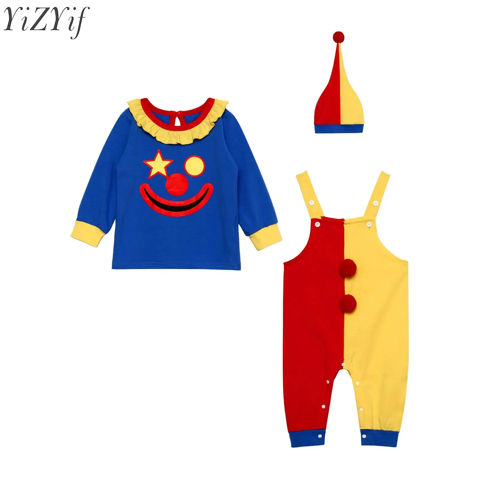 Baby Toddlers Clown Costume Long Sleeve Print Tops with Suspender Trousers and Hat Outfits  for Halloween Festival Cosplay Party