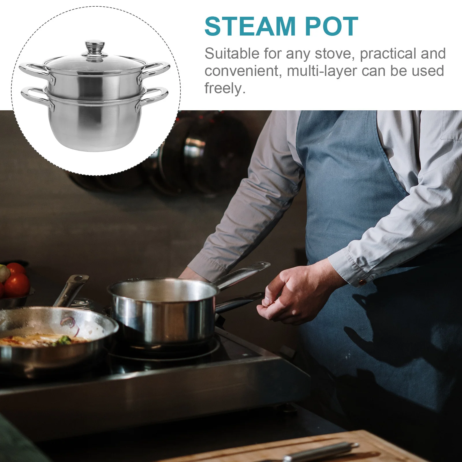 

Food Steam Pot Steamer Steaming Cookware Stainless Steel Kitchen Tools Double-layered Stockpot