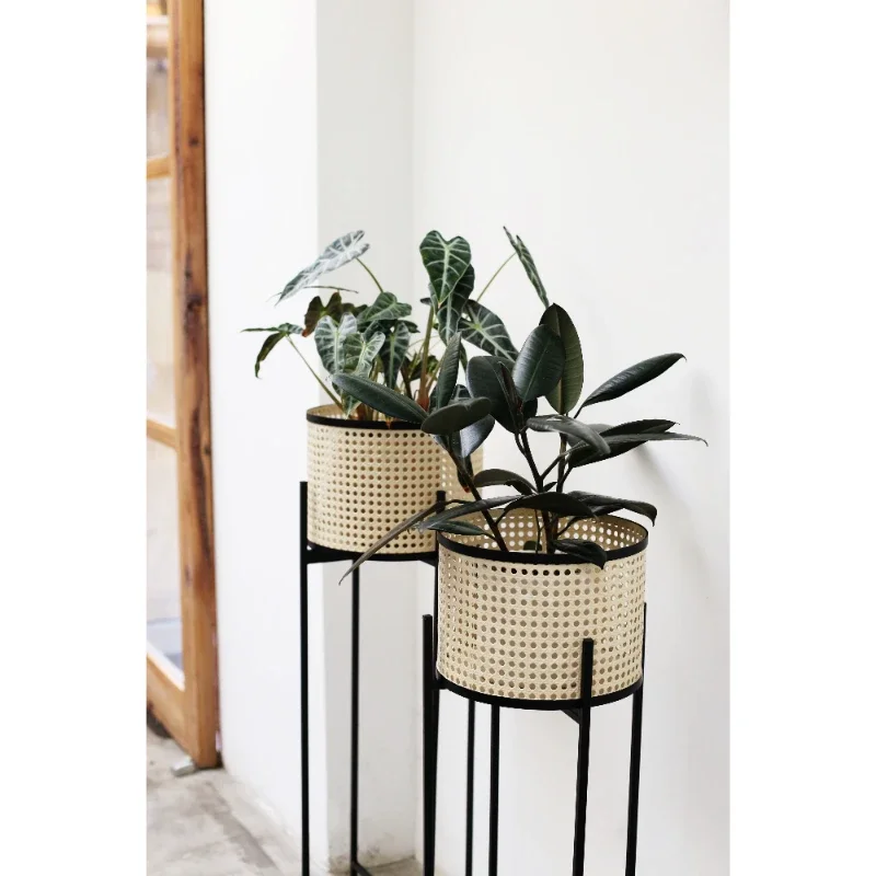 Simplicity Japanese Wrought Iron Flower Stand Imitation Rattan Woven Living Room Balcony Mobile Plant Shelves Outdoor Furniture