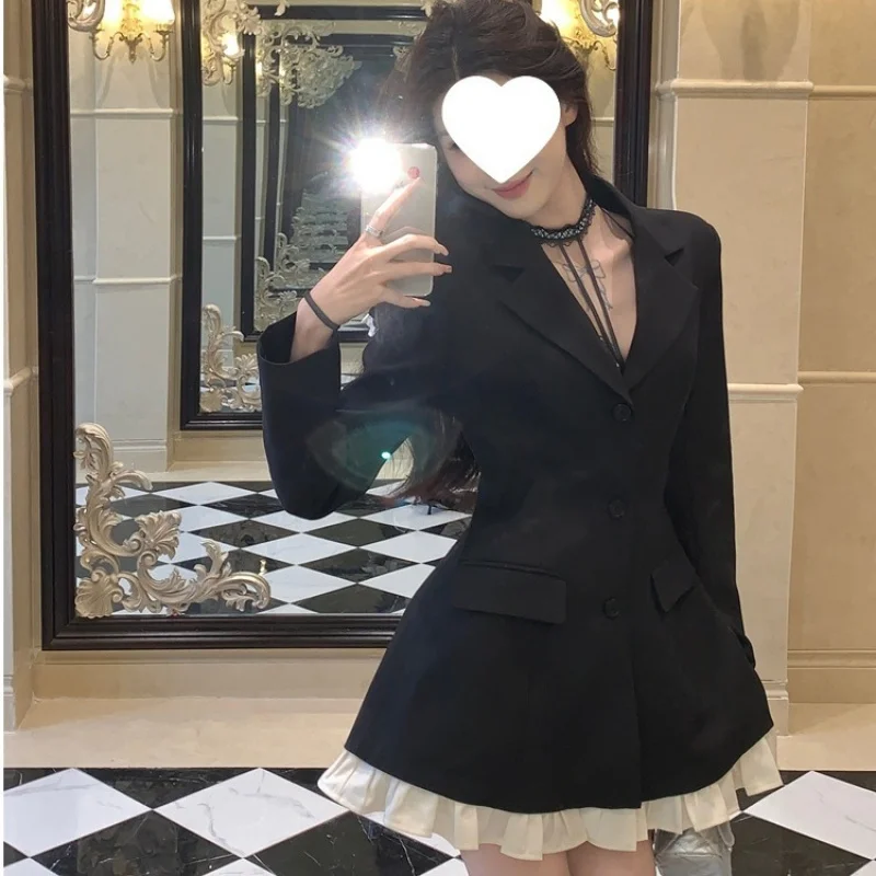 

Autumn Winter High-End Elegant Color-Block Long Sleeve Blazer Dress Women Slim Fit Short Skirt Hot Girl High Waist Ruffle Dress