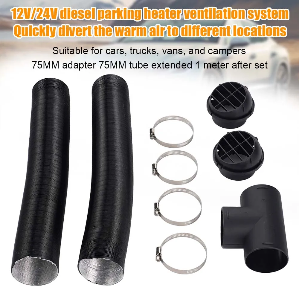 

75mm Parking Heater Air Distribution Duct Set Ventilation Duct Tee Connector Air Outlet Clamp Suitable For Car Truck Van RV