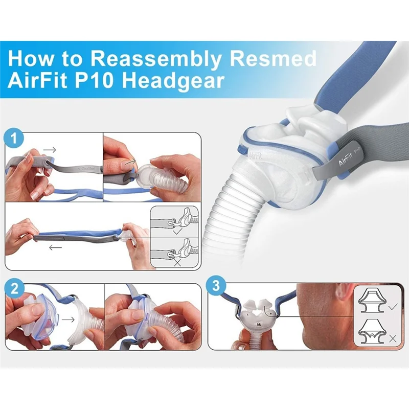 Casco de 3 piezas de repuesto para ResMed Airfit P10, almohada Nasal, correas de máscara CPAP con 6 Clips de ajuste