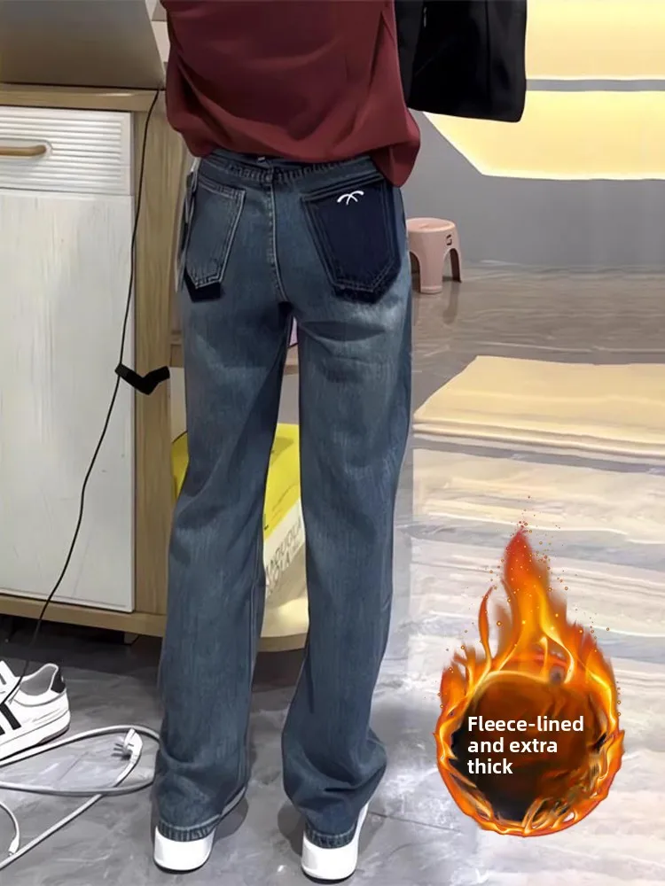 

Женские облегающие широкие джинсы на подкладке больших размеров с высокой талией, прямые джинсовые брюки, зимние брюки Thi