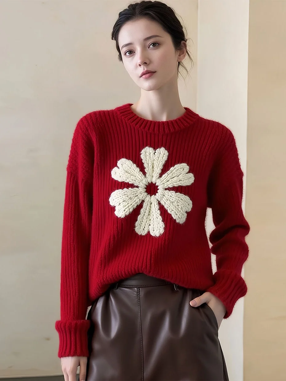 

Christmas Red Embroidered Lazy Style Knitted Sweater Festive Atmosphere Suitable for Various Occasions Women's Winter Fashion